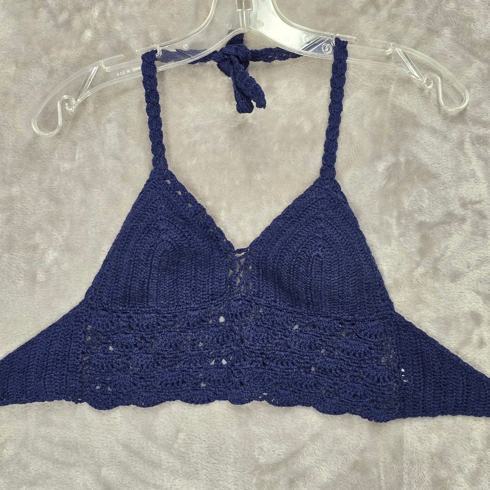 Handmade Crochet Halter‎ L Crop Top Navy Blue Cotton Knit Boho Bralette Festival - Picture 9 of 10